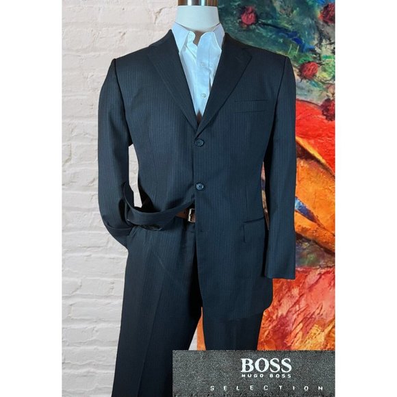 Hugo Boss Other - Hugo Boss 44L 36W Super 120 Black Brown Pinstripe Wool 3 Button Mens Suit